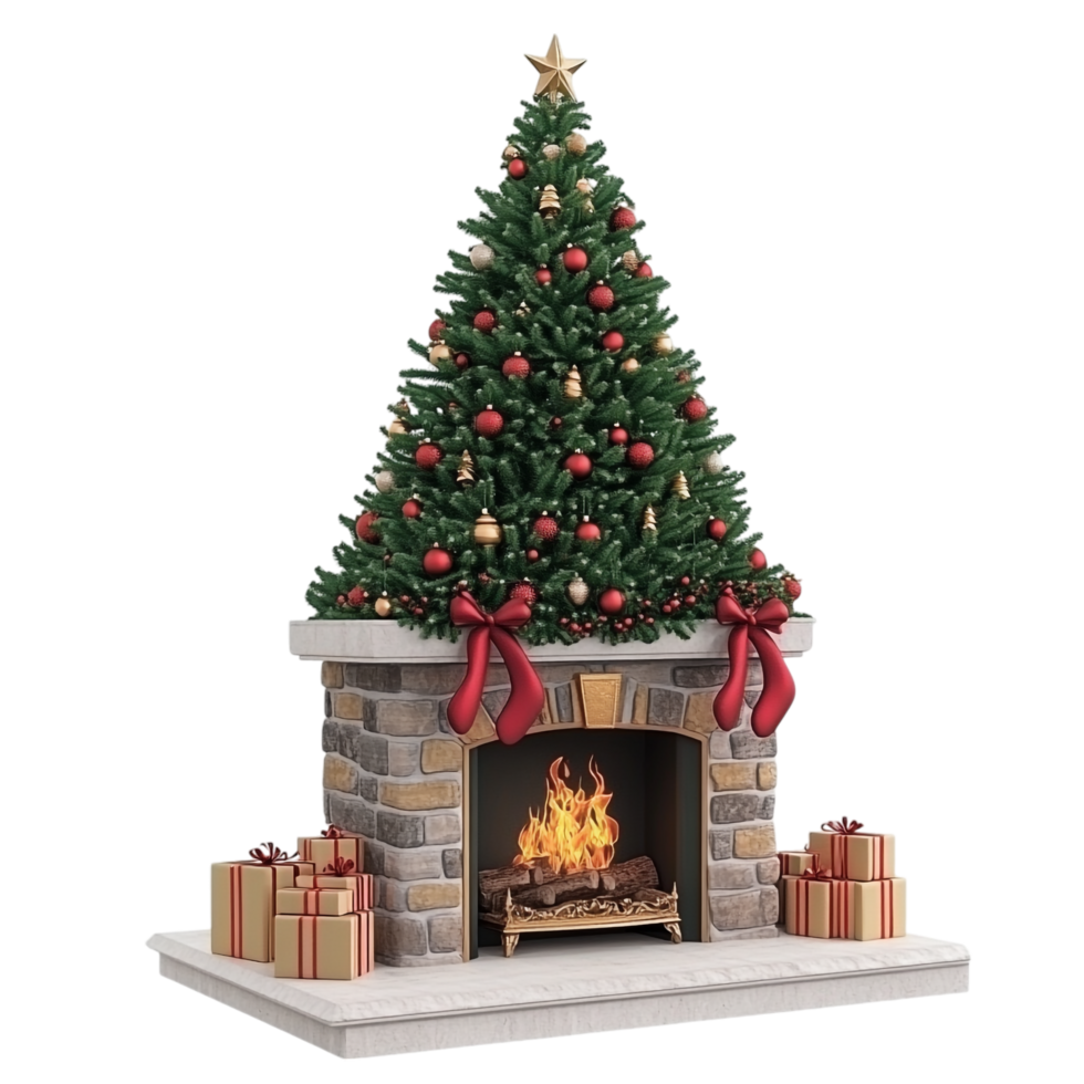 3D rendering of Christmas tree and fireplace png