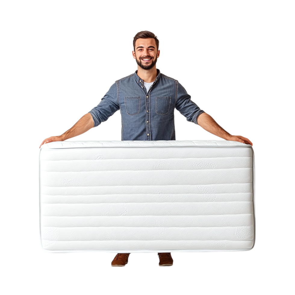 Image of Happy Man Standing with Mattress png