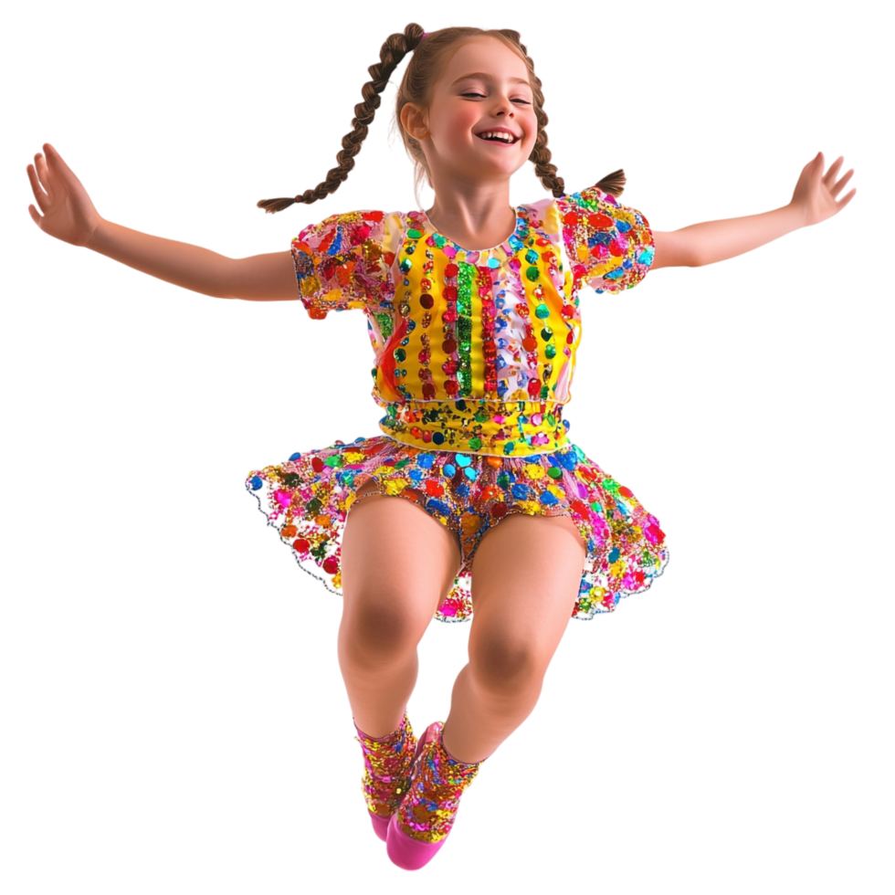Delighted Girl with Braided Pigtails in Dance Pose png