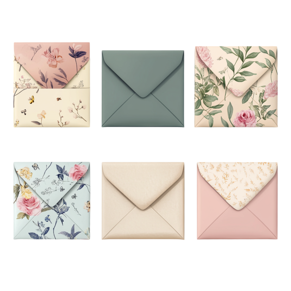 A set of six envelopes with various designs png