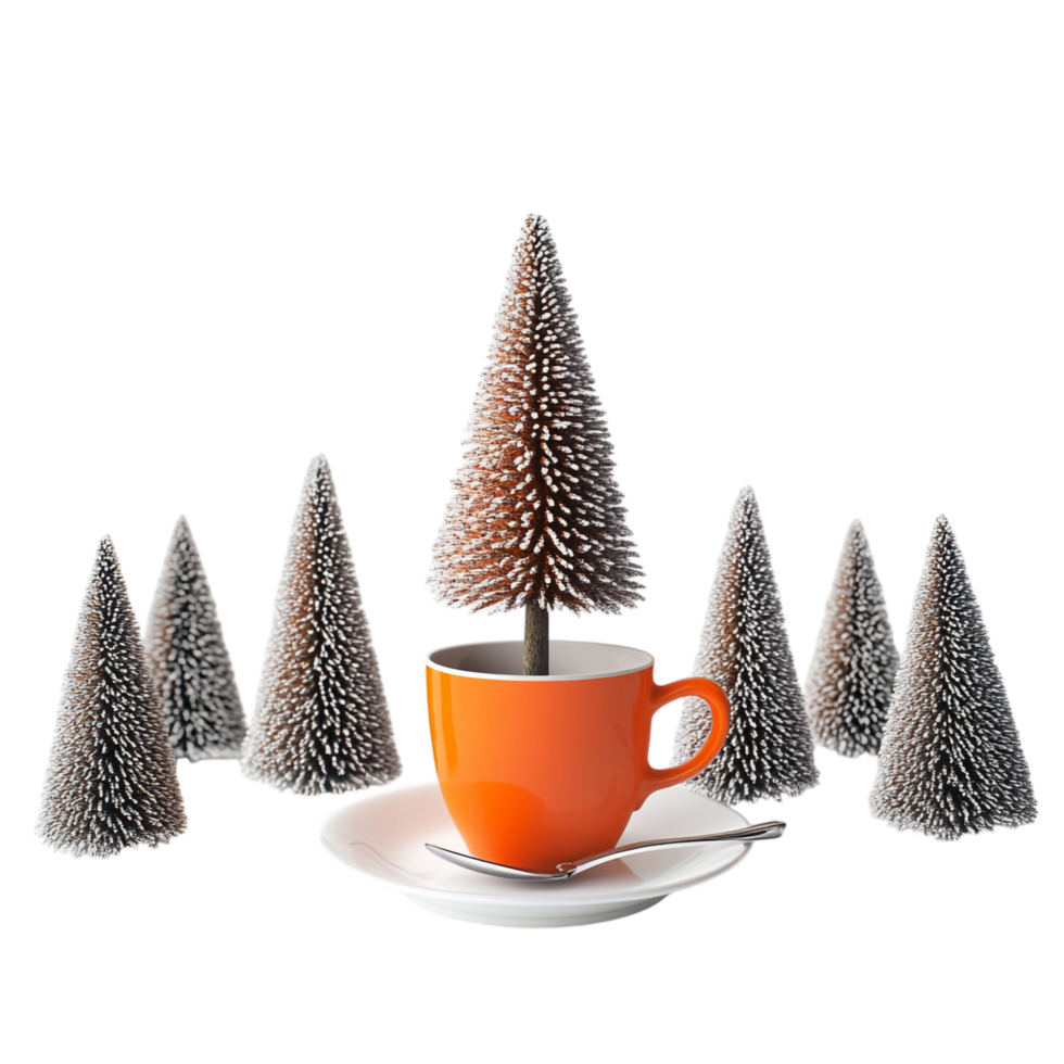 A small Christmas tree an orange cup, and a white saucer png
