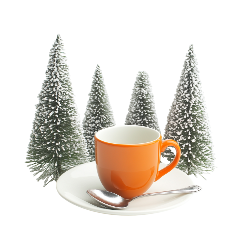 A small Christmas tree an orange cup, and a white saucer png