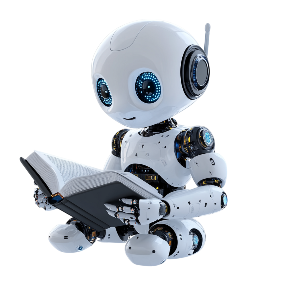 Cute AI Robot Chatbot Reading a Book on transparent background png