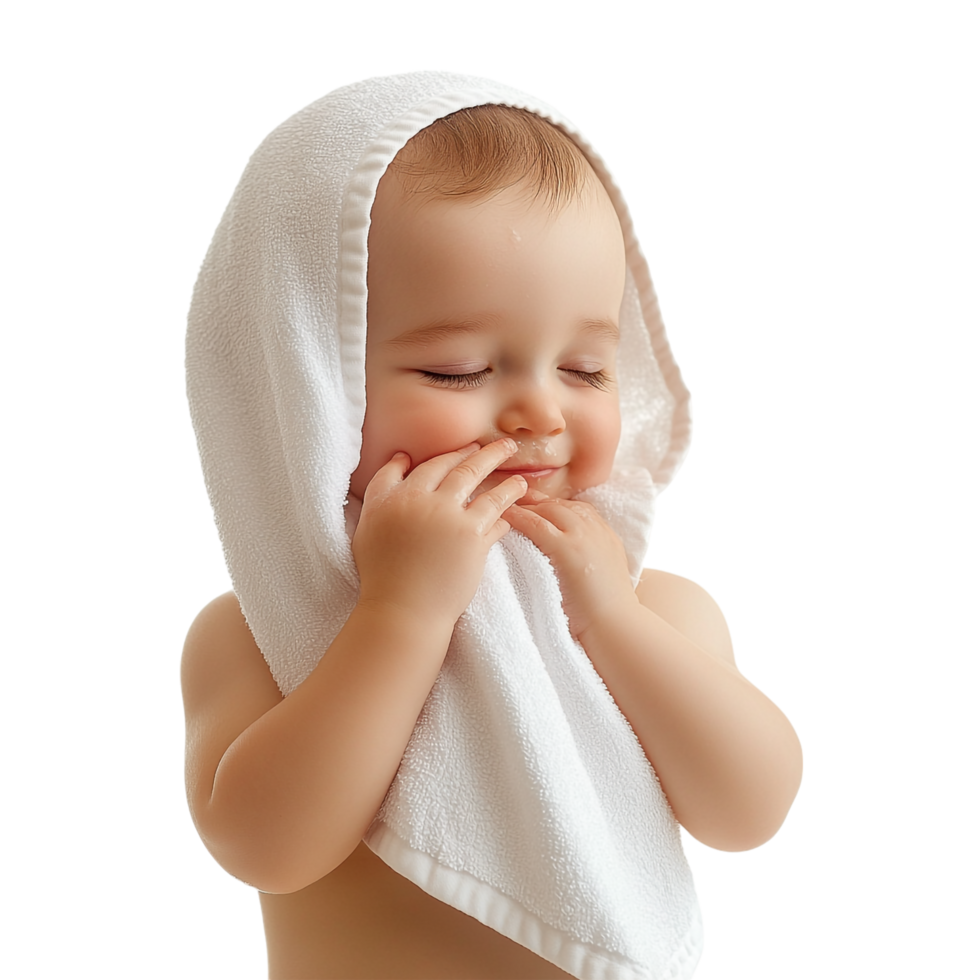 Baby wiping face with a towel, isolated against a transparent background png