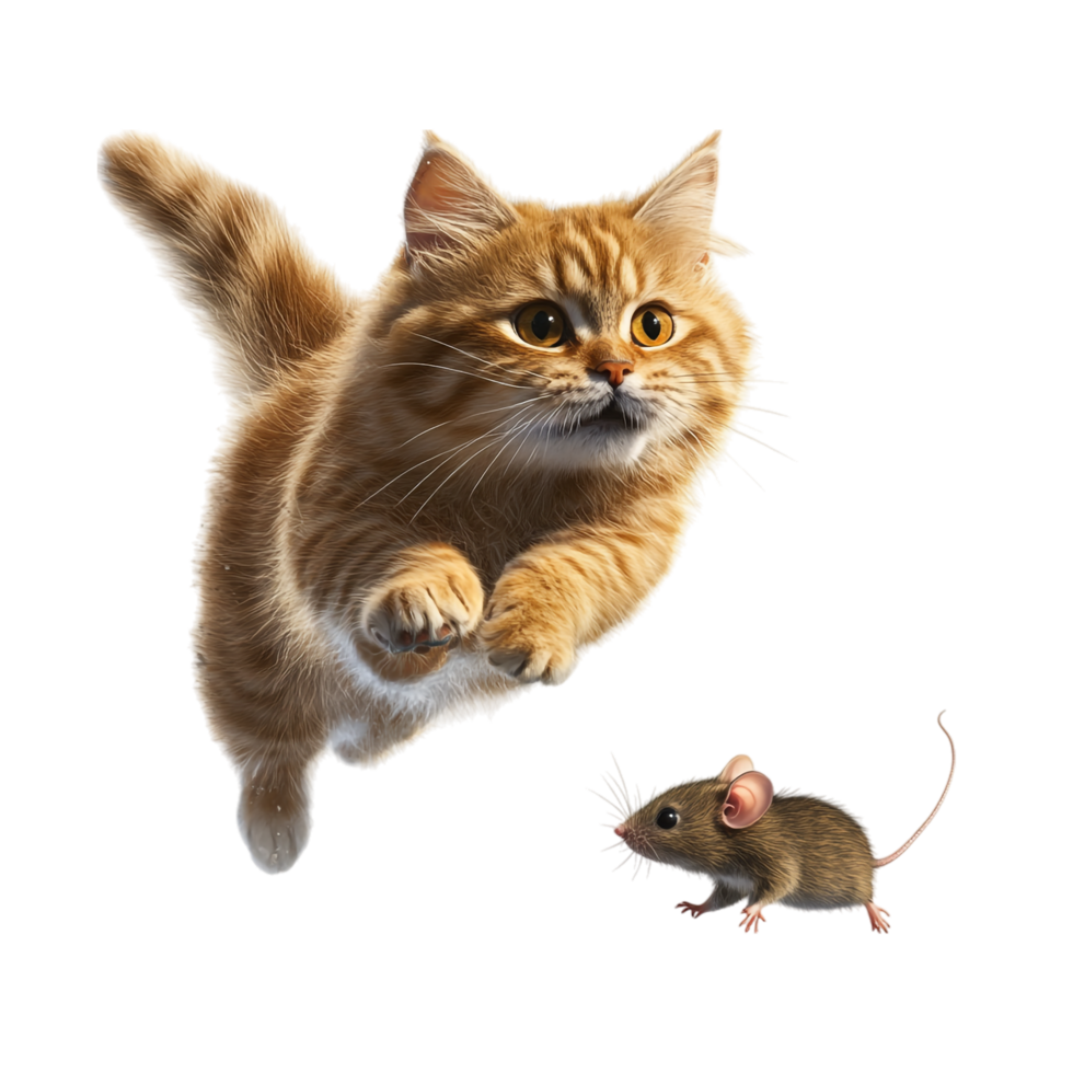 Cat chasing a mouse isolated on transparent background png