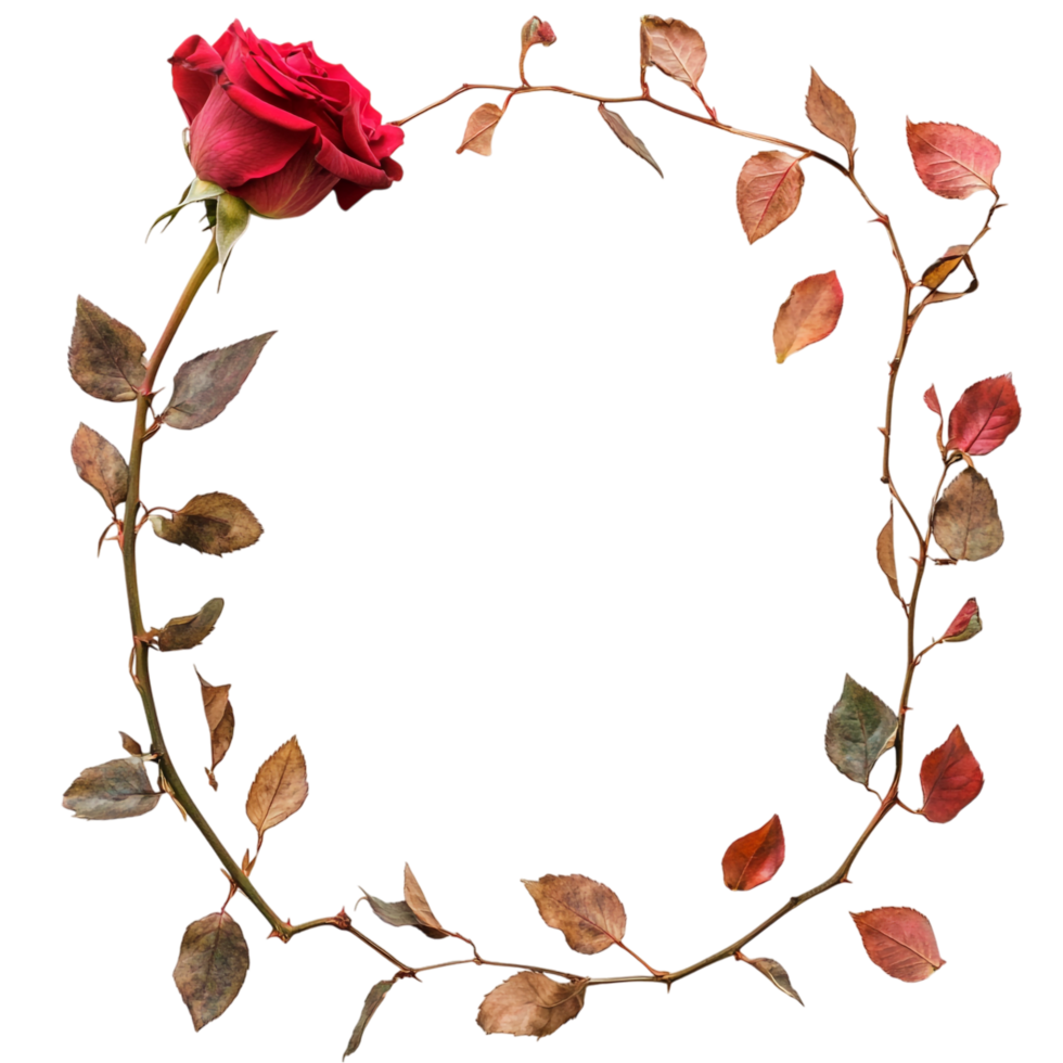 Aesthetic Boho Frame with Red Rose and Dry Leaves Isolated Against transparent background png