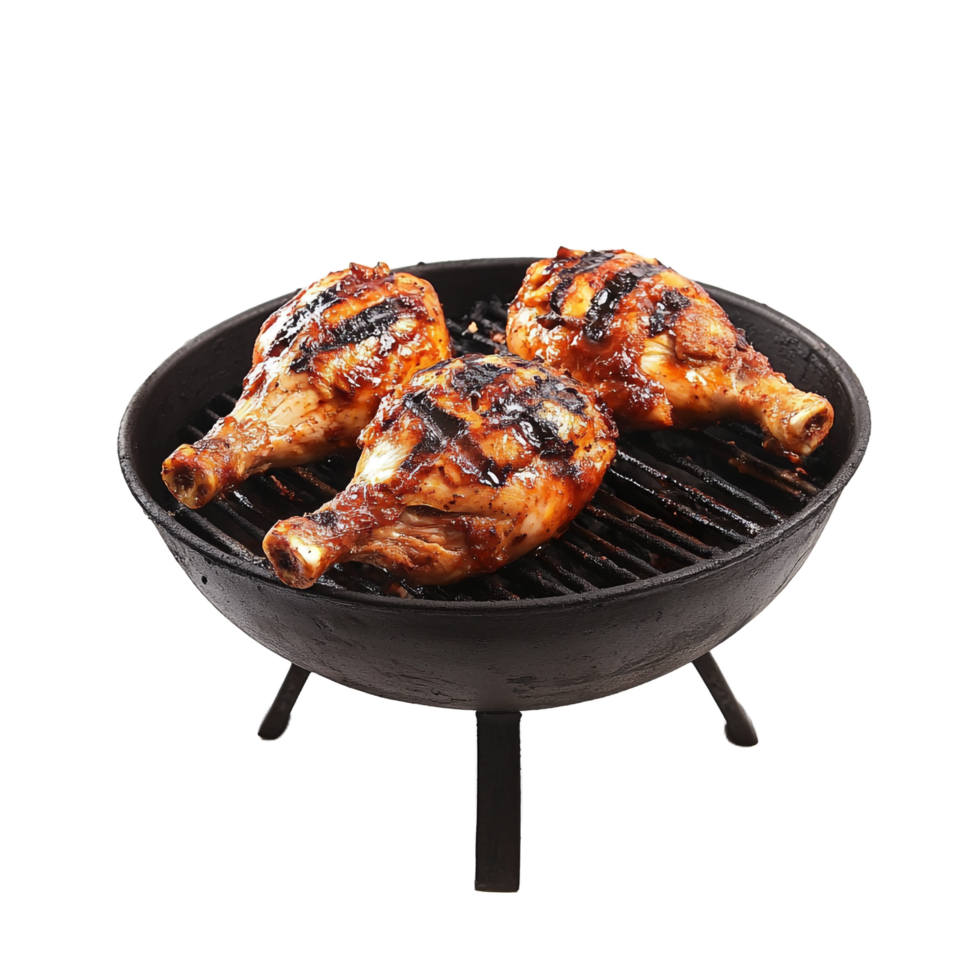 Whole grilled chicken in BBQ grill on a transparent background png