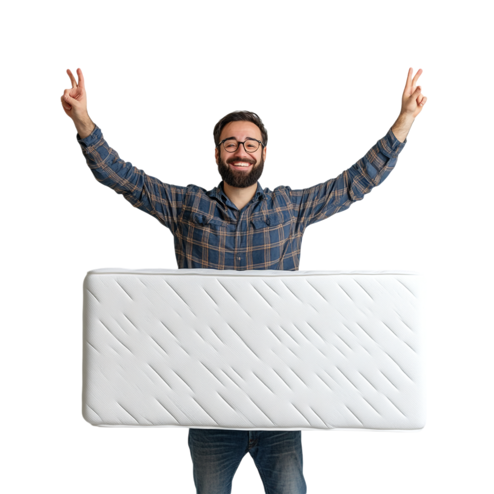 Image of Happy Man Standing with Mattress png