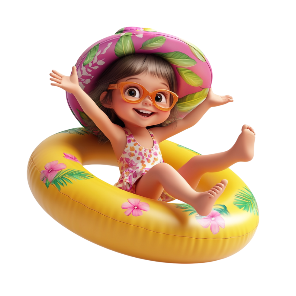 Happy little girl wearing summer clothes with an inflatable ring against a transparent background png