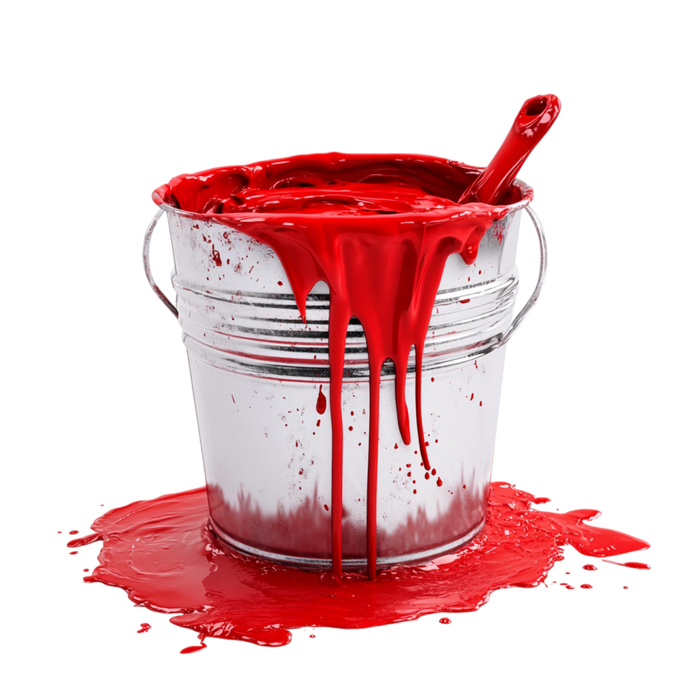 paint bucket overflowing with red paint on a transparent background png