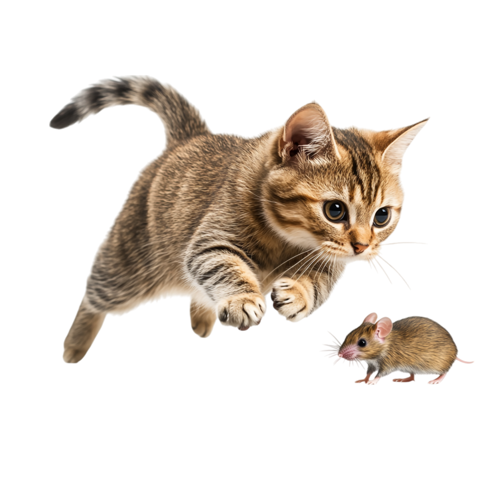 Cat chasing a mouse isolated on transparent background png