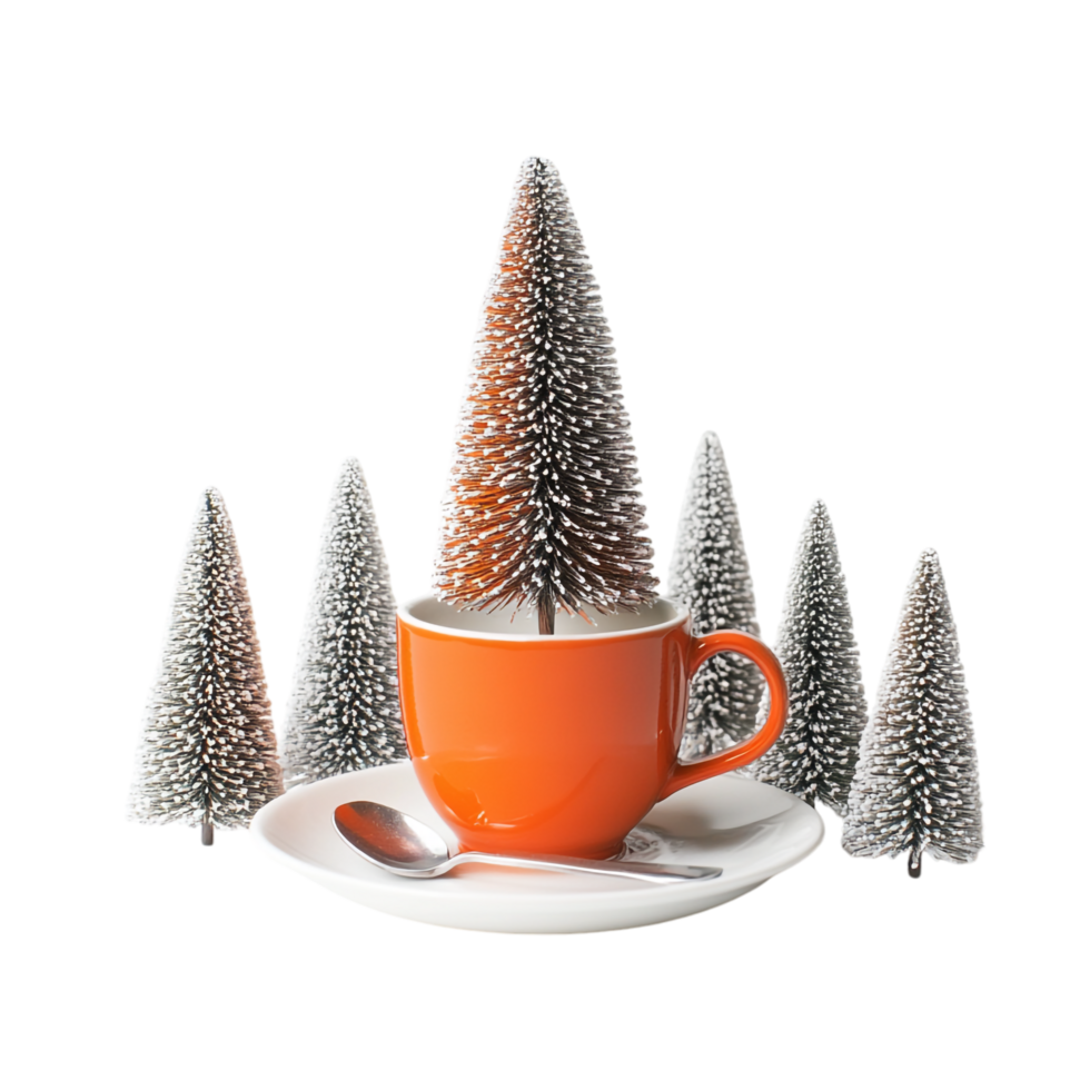 A small Christmas tree an orange cup, and a white saucer png