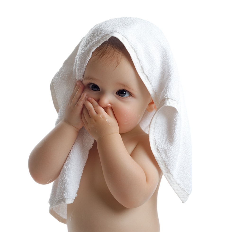 Baby wiping face with a towel, isolated against a transparent background png
