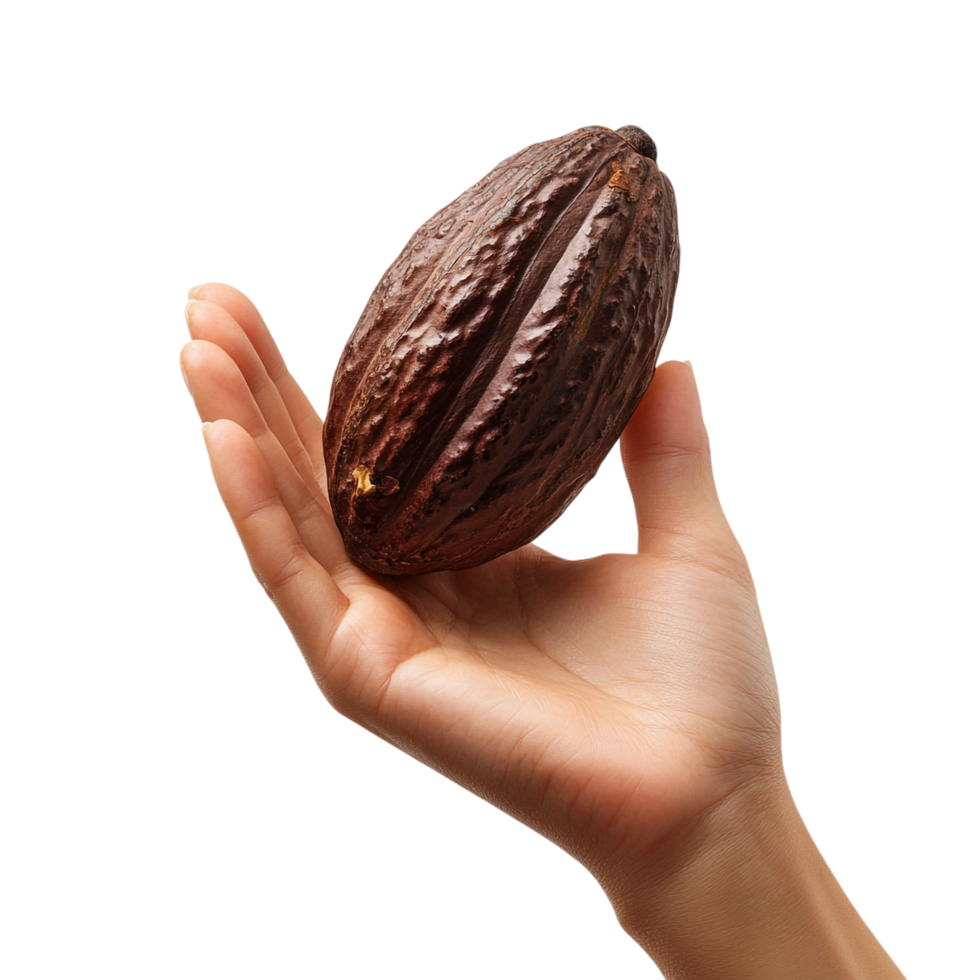 A woman hand gesturing with a cocoa pod against a transparent background png
