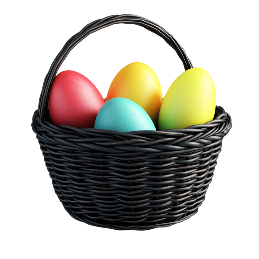 et of Easter eggs in a black basket on a transparent background png