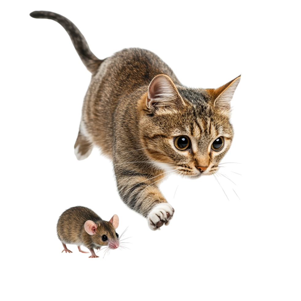 Cat chasing a mouse isolated on transparent background png