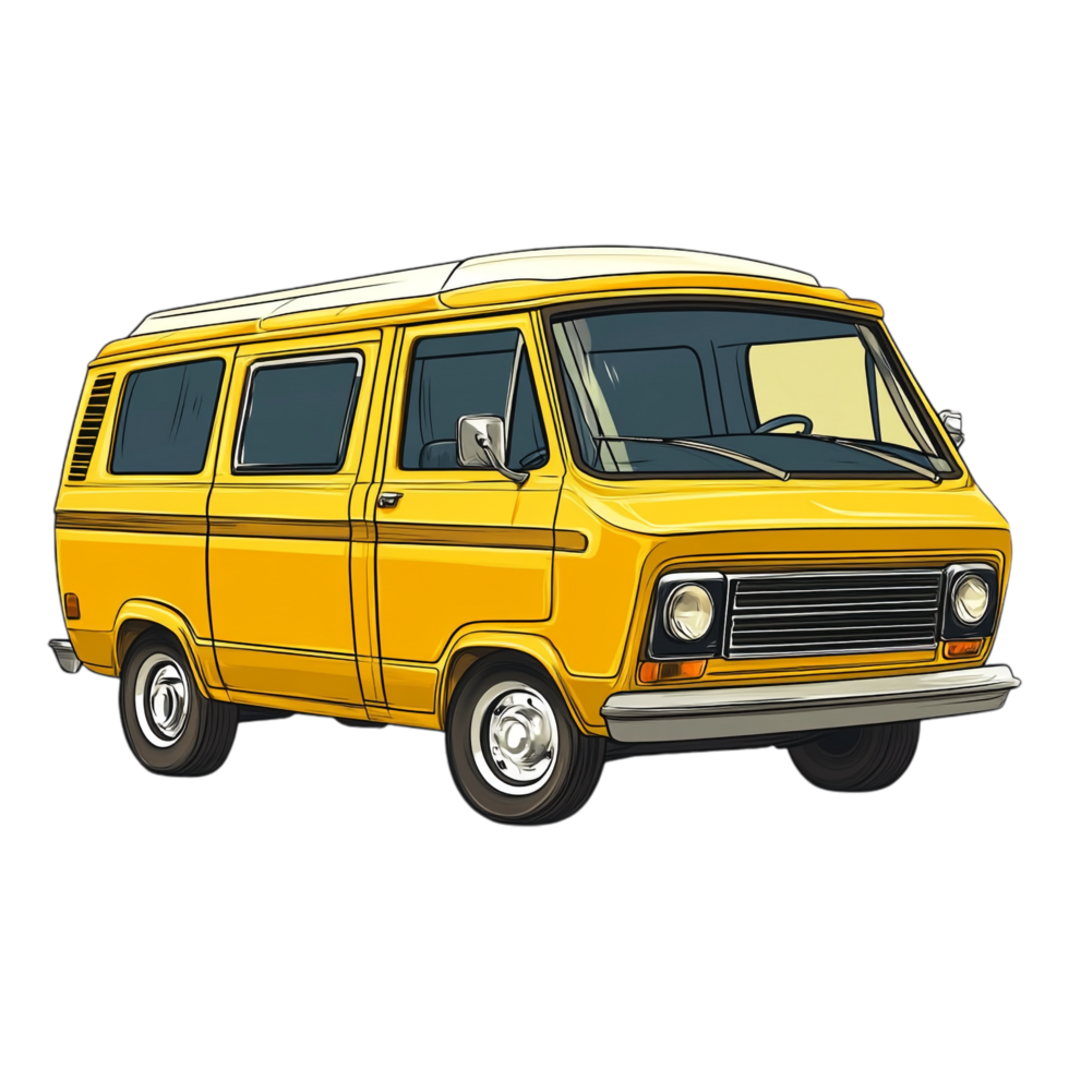 Hand drawn cartoon illustration of a vintage yellow minivan on a transparent background png