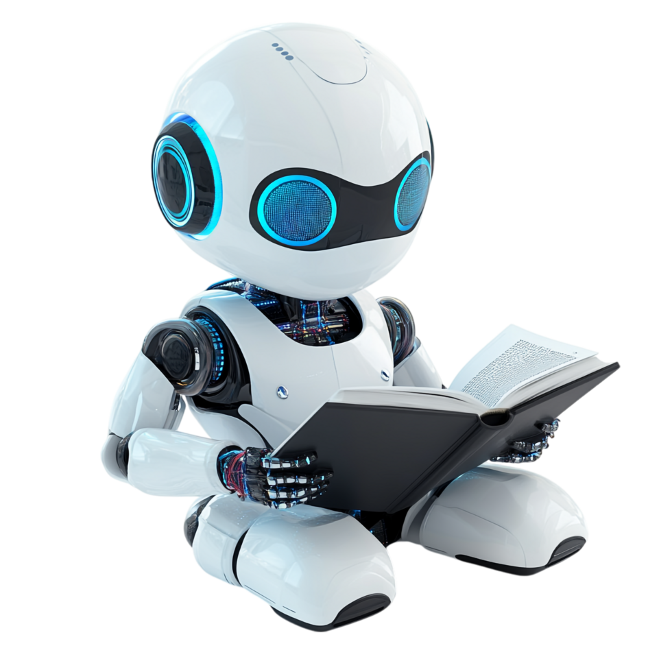 Cute AI Robot Chatbot Reading a Book on transparent background png