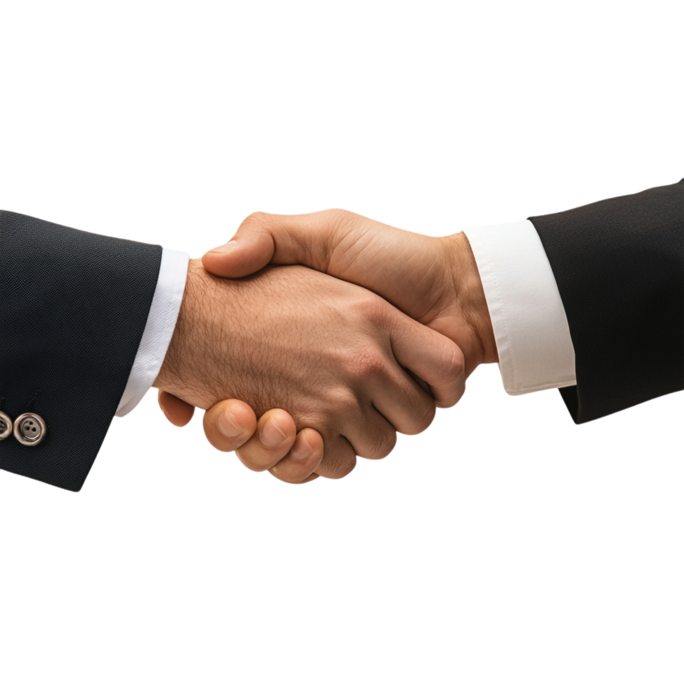 businessman hand in a long sleeve shaking hands with another person set against a transparent background png