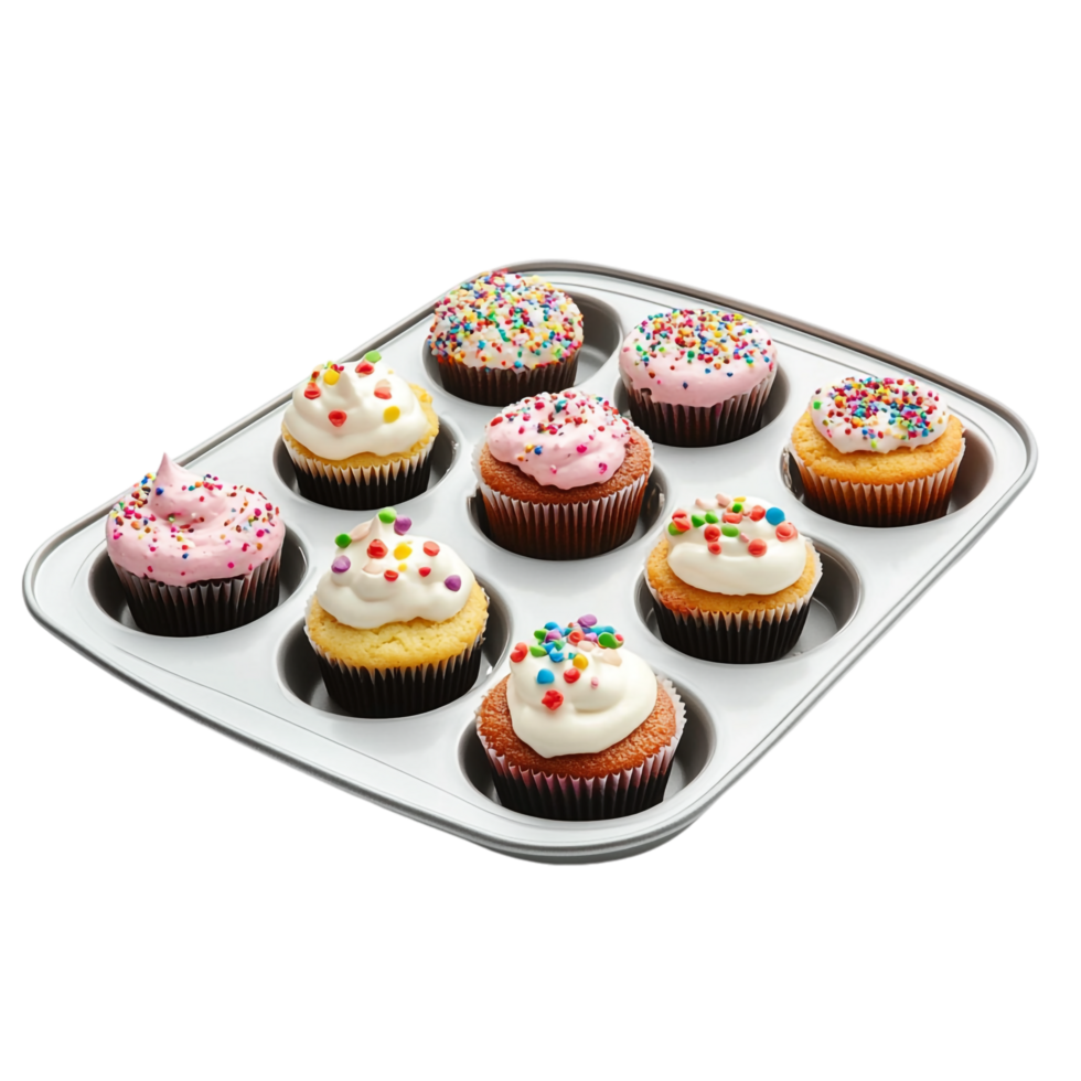 muffin tins with cupcakes on a plate on a transparent background png