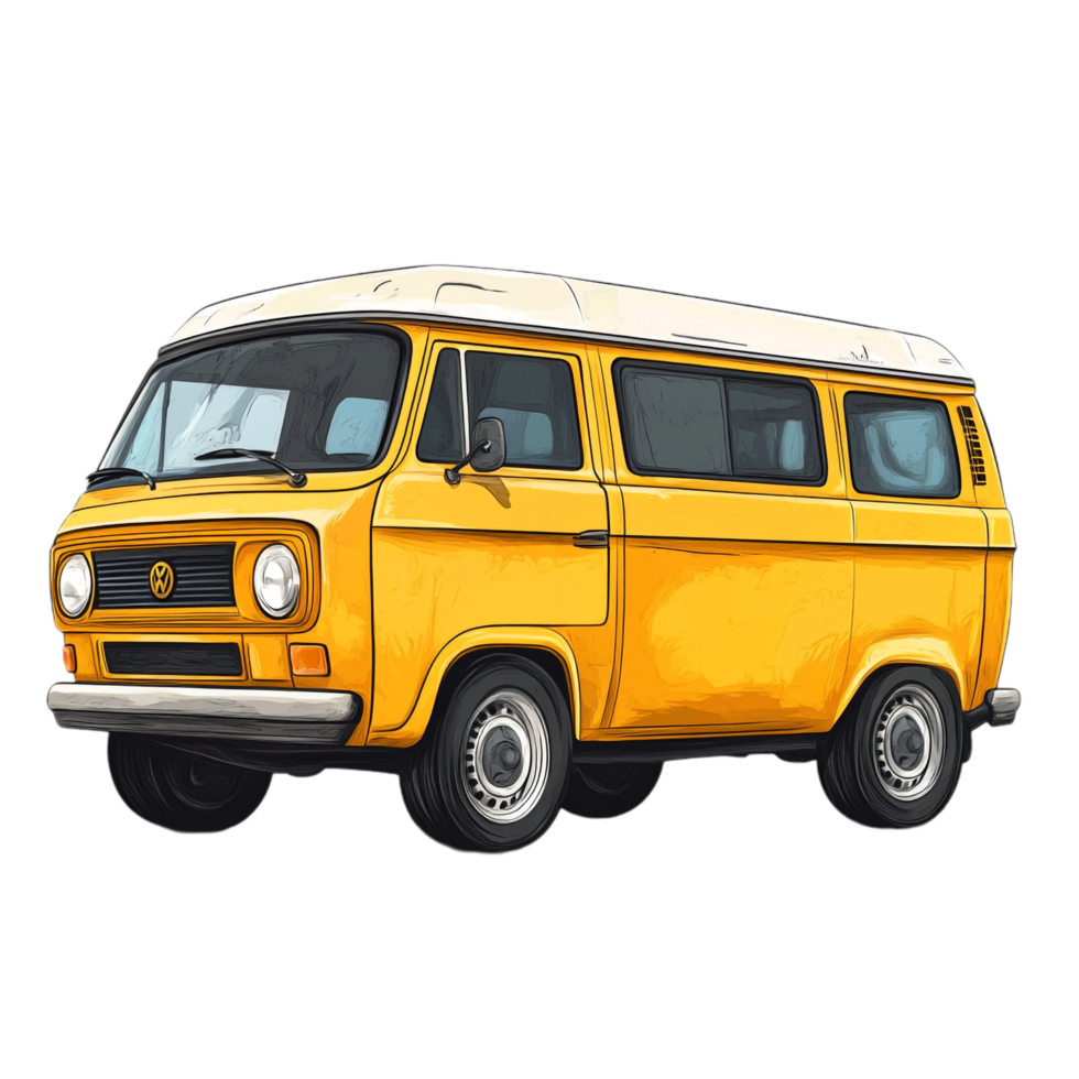 Hand drawn cartoon illustration of a vintage yellow minivan on a transparent background png