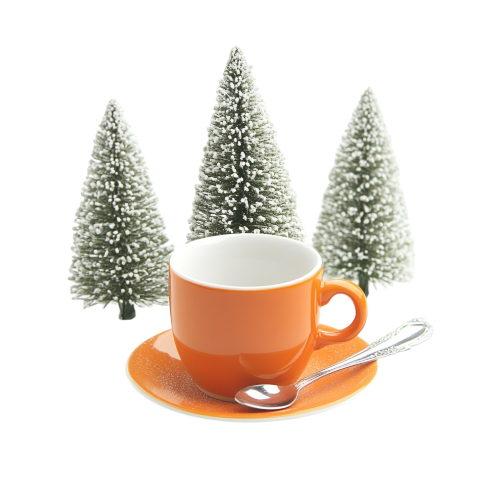 A small Christmas tree an orange cup, and a white saucer png