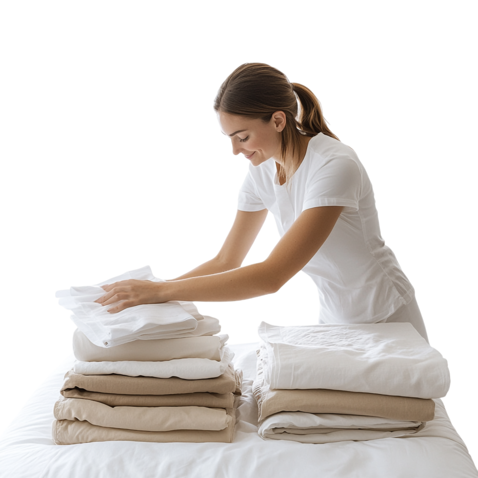 A woman arranging bed linens against a transparent background png