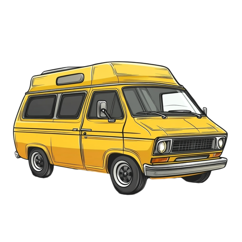 Hand drawn cartoon illustration of a vintage yellow minivan on a transparent background png