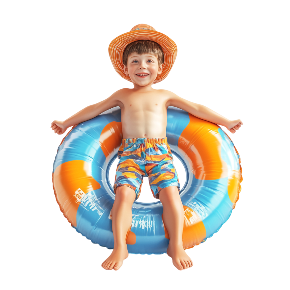 Happy little boy wearing summer clothes with an inflatable ring against a transparent background png