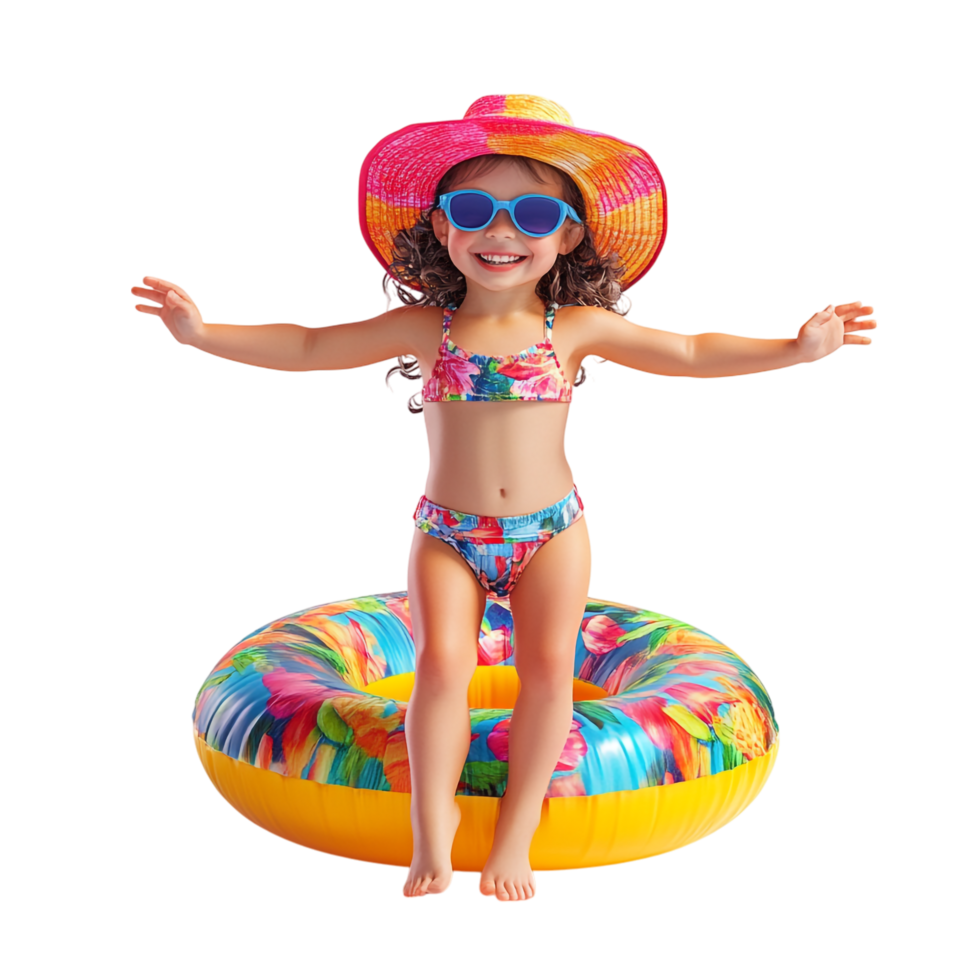 Happy little girl wearing summer clothes with an inflatable ring against a transparent background png