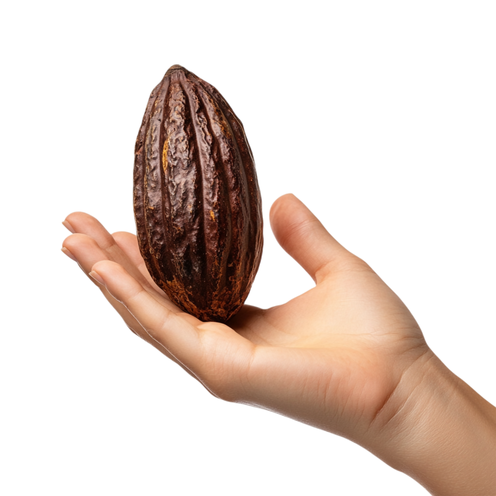 A woman hand gesturing with a cocoa pod against a transparent background png