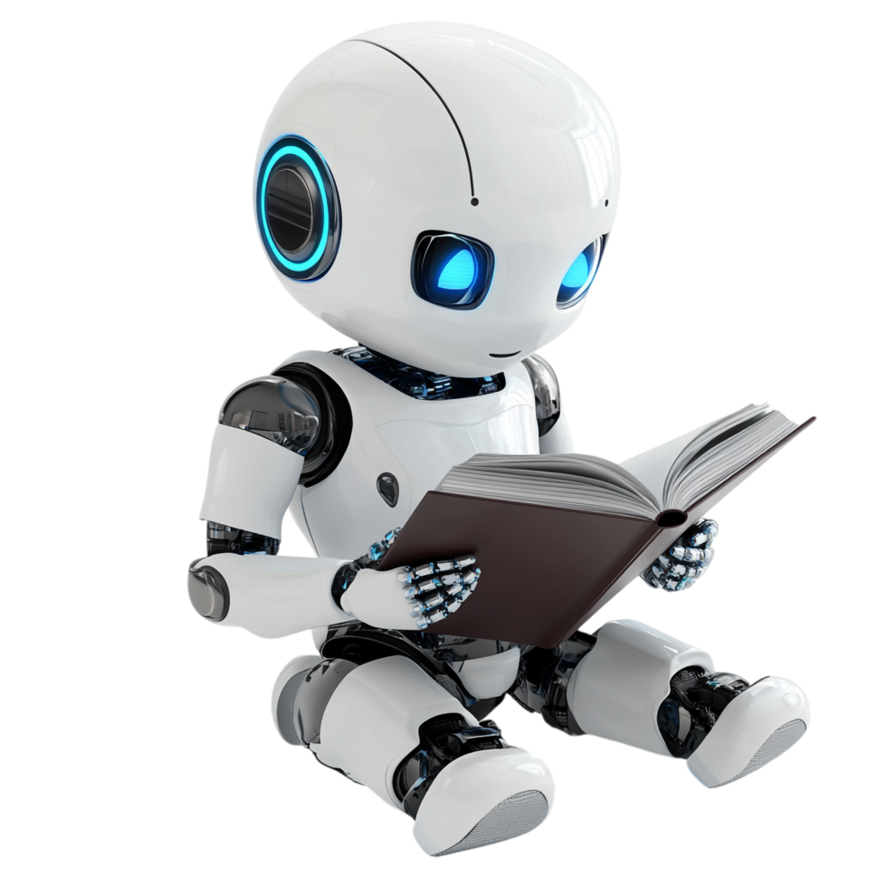 Cute AI Robot Chatbot Reading a Book on transparent background png