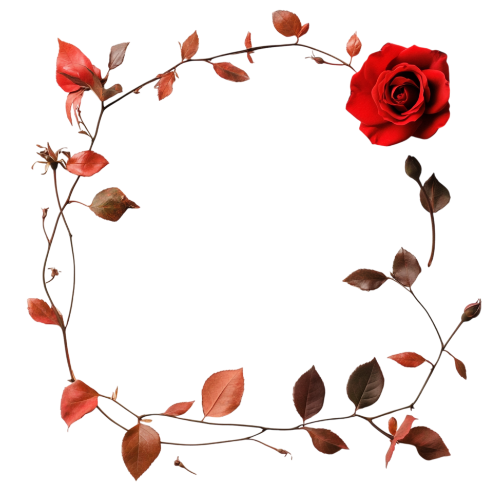 Aesthetic Boho Frame with Red Rose and Dry Leaves Isolated Against transparent background png