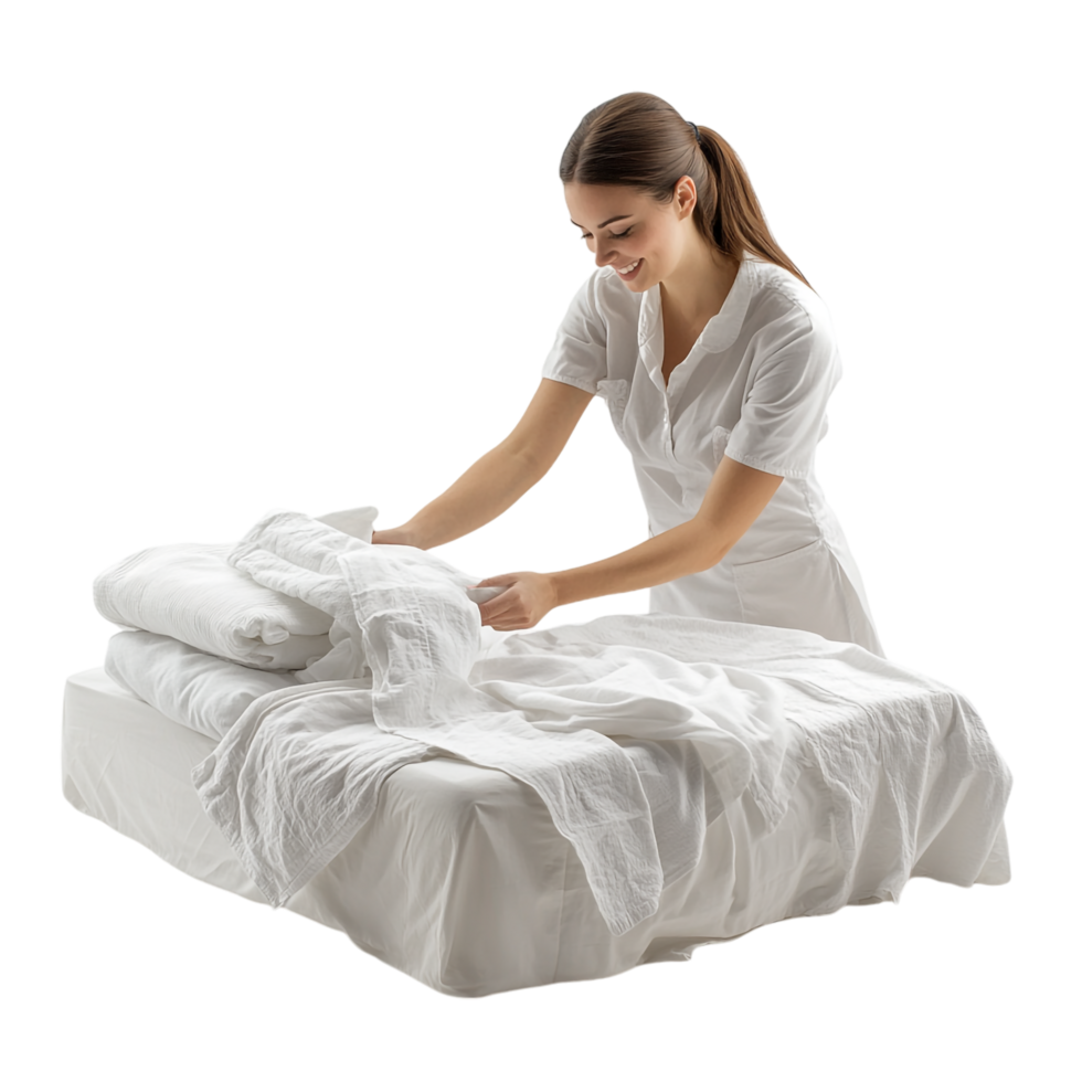 A woman arranging bed linens against a transparent background png