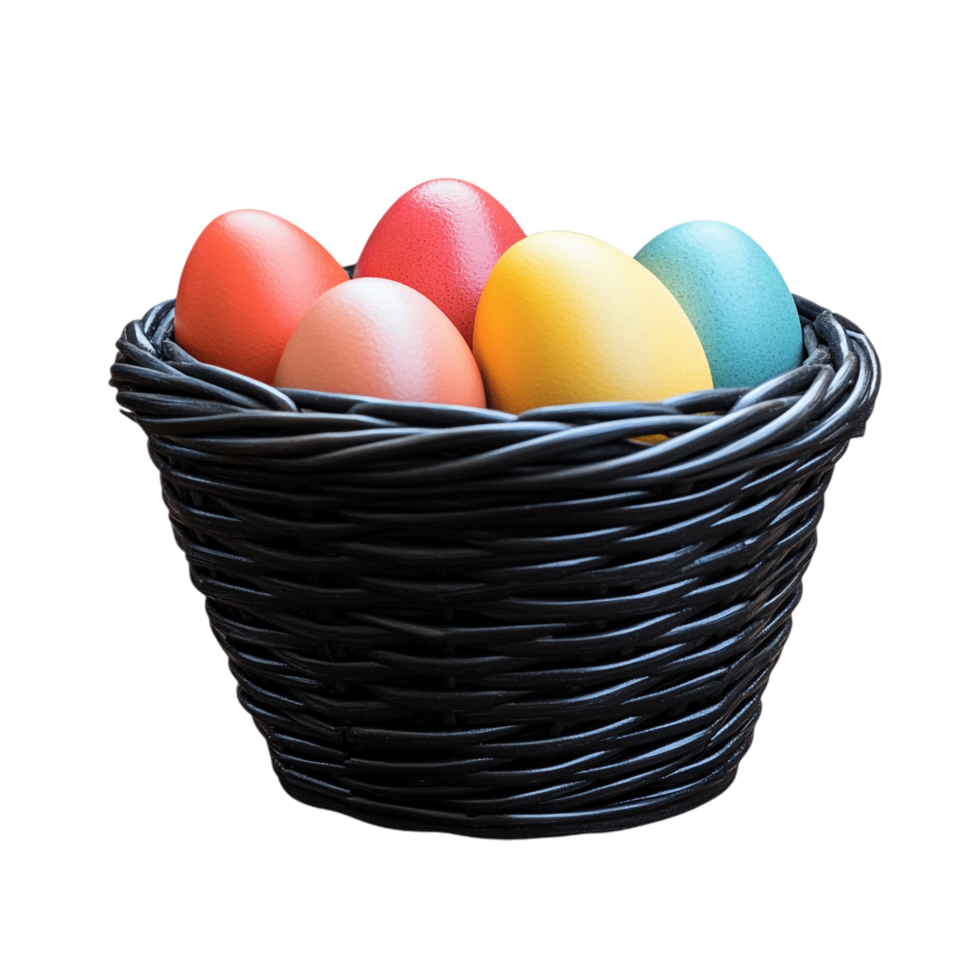 et of Easter eggs in a black basket on a transparent background png