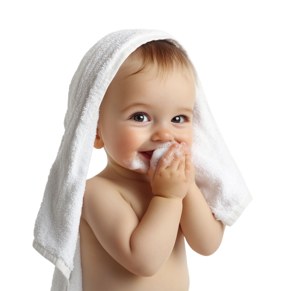 Baby wiping face with a towel, isolated against a transparent background png