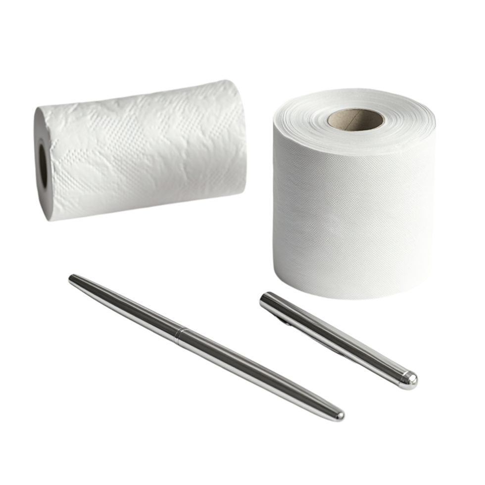book and a roll of toilet paper on a table next to a transparent background rendered in 8K high detail png