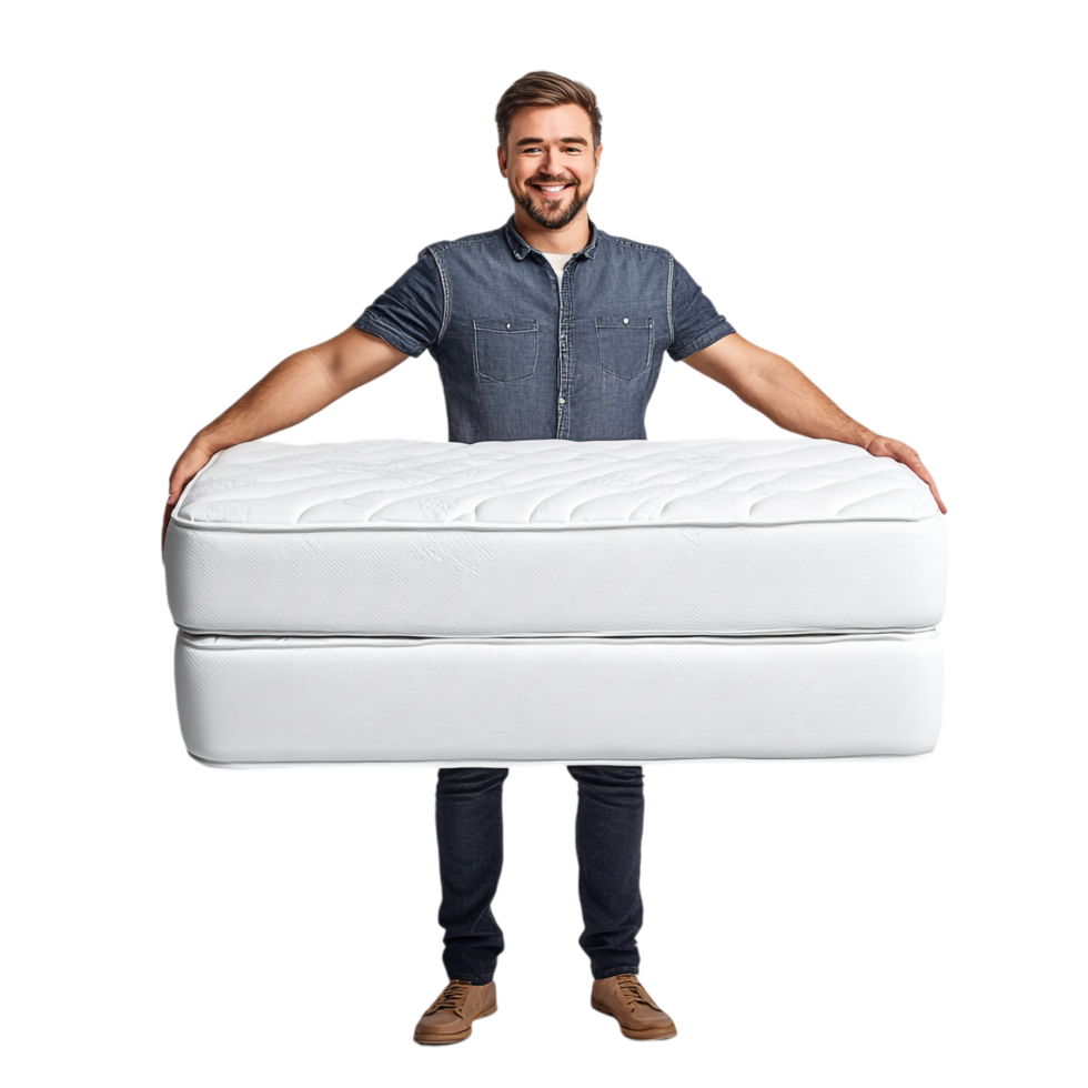 Image of Happy Man Standing with Mattress png