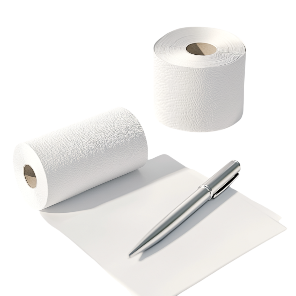 book and a roll of toilet paper on a table next to a transparent background rendered in 8K high detail png