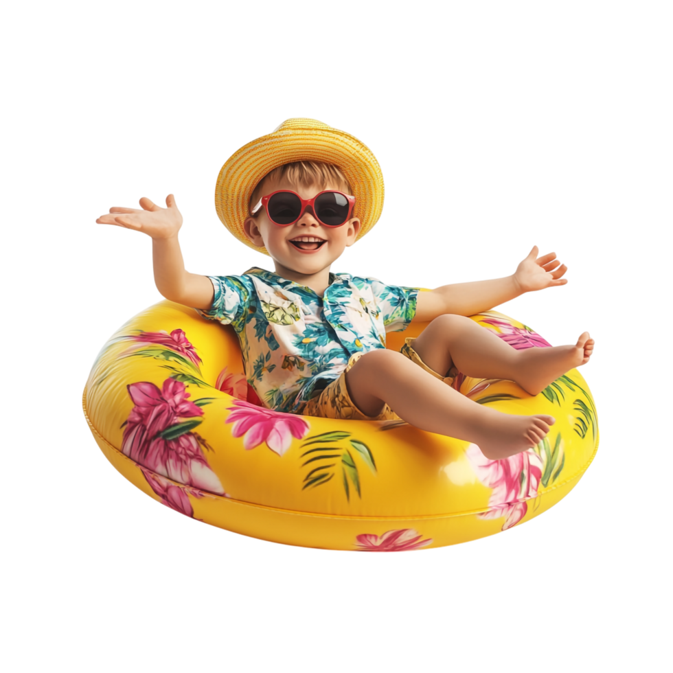 Happy little boy wearing summer clothes with an inflatable ring against a transparent background png