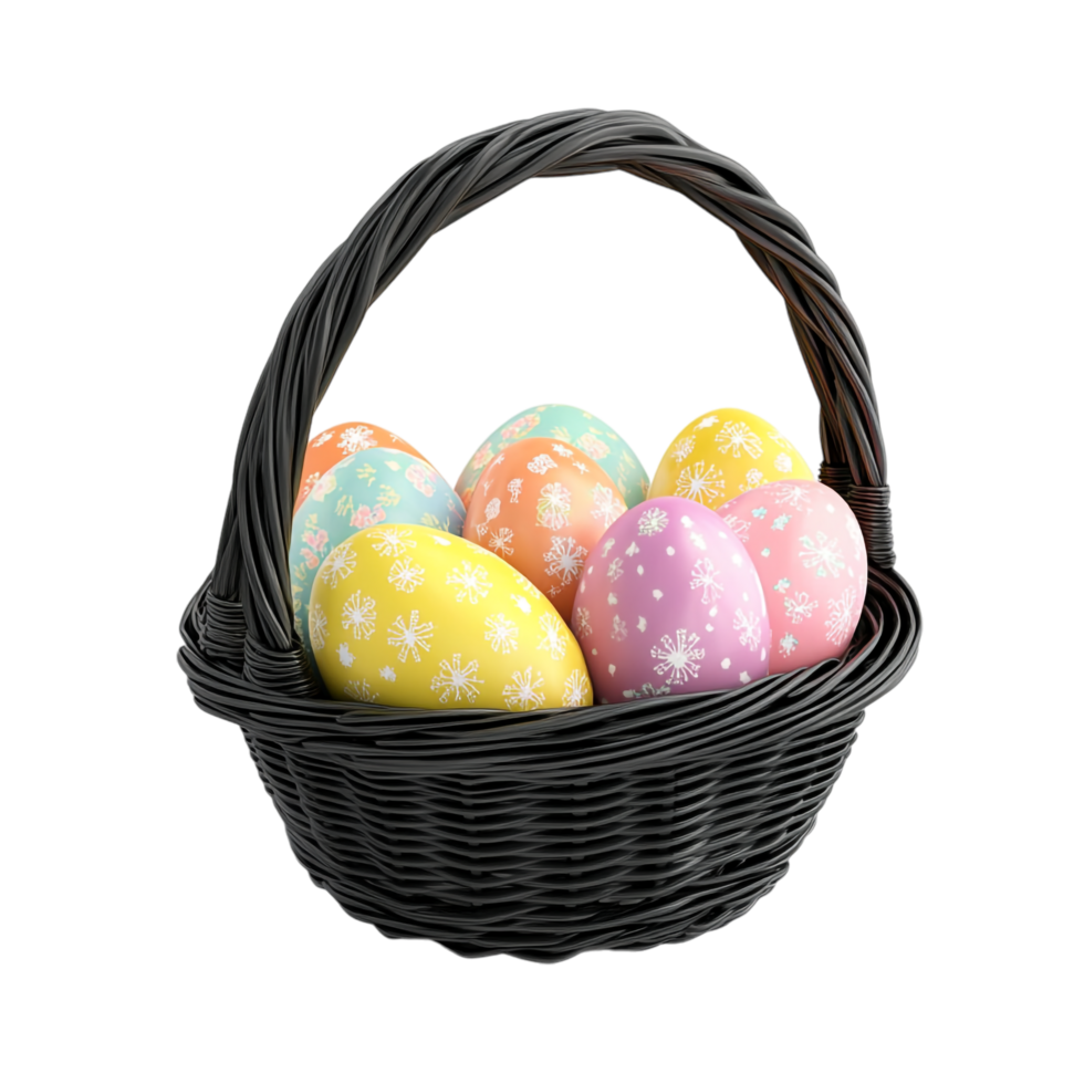 et of Easter eggs in a black basket on a transparent background png