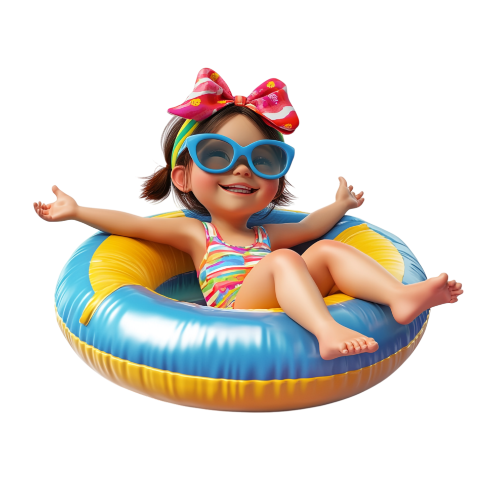 Happy little girl wearing summer clothes with an inflatable ring against a transparent background png