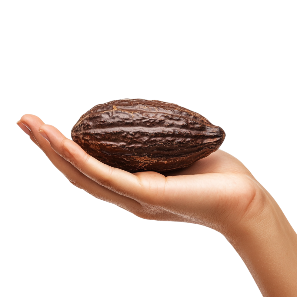 A woman hand gesturing with a cocoa pod against a transparent background png