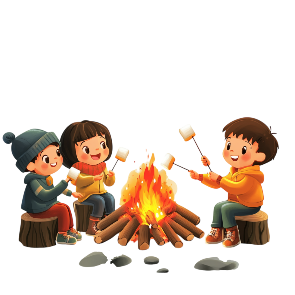 Group of Kids Roasting Marshmallows by a Bonfire in the Forest png