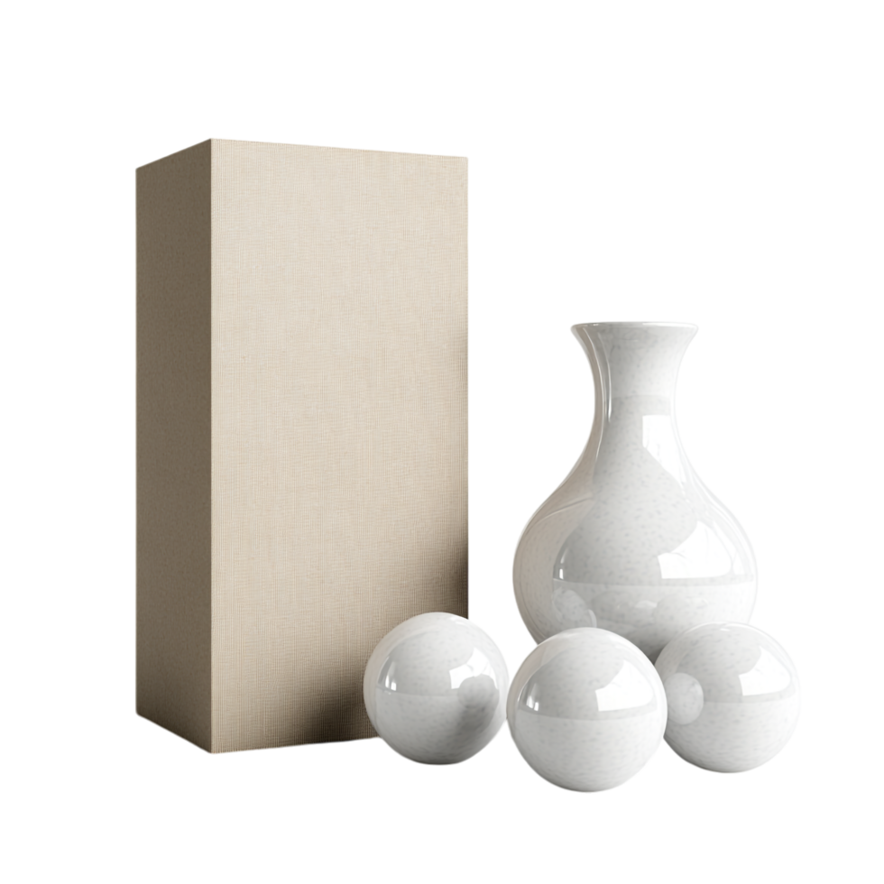 A vase with white balls next to a box png