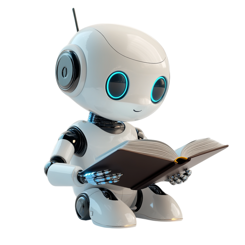 Cute AI Robot Chatbot Reading a Book on transparent background png