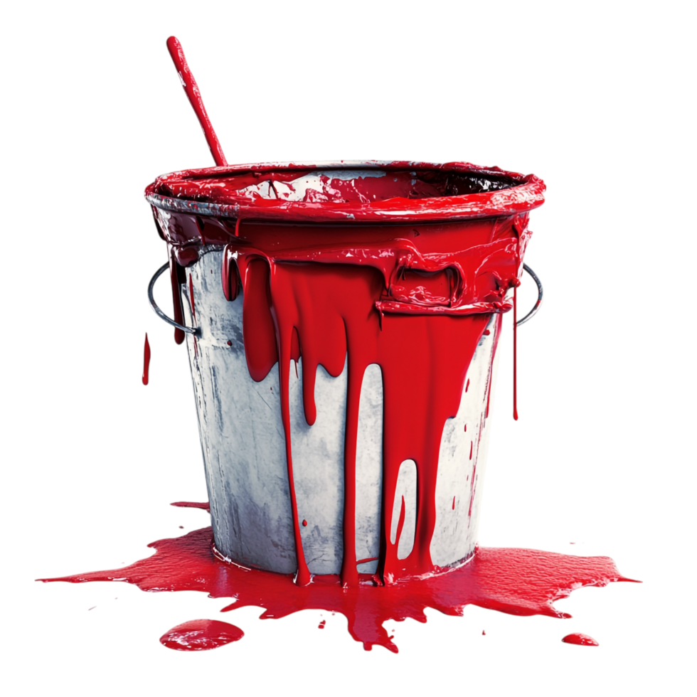 paint bucket overflowing with red paint on a transparent background png