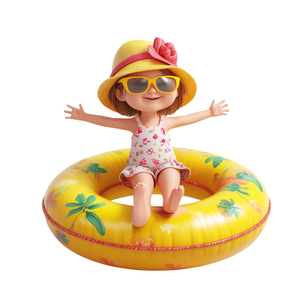 Happy little girl wearing summer clothes with an inflatable ring against a transparent background png