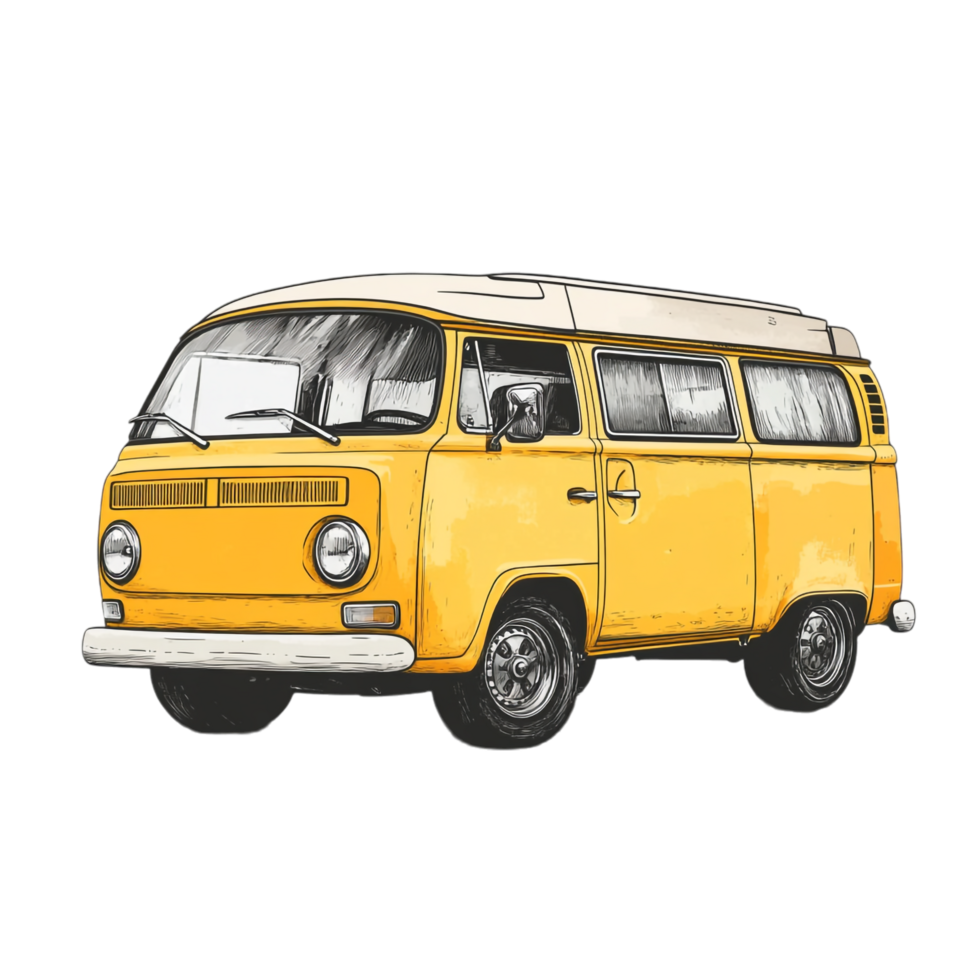 Hand drawn cartoon illustration of a vintage yellow minivan on a transparent background png