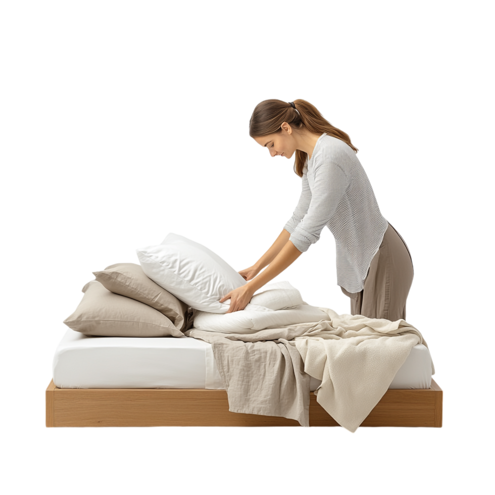 A woman arranging bed linens against a transparent background png